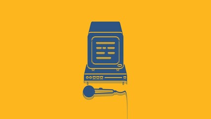 Sticker - Blue Karaoke icon isolated on orange background. Microphone and monitor. 4K Video motion graphic animation