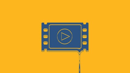 Wall Mural - Blue Play Video icon isolated on orange background. Film strip with play sign. 4K Video motion graphic animation