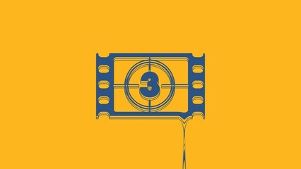 Poster - Blue Play Video icon isolated on orange background. Film strip with start sign. 4K Video motion graphic animation