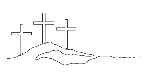 Three Calvary Crosses on the hill. Christianity religion concept. Continuous line drawing. 