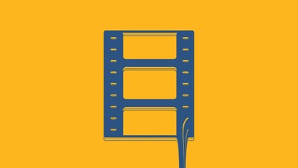 Poster - Blue Play Video icon isolated on orange background. Film strip sign. 4K Video motion graphic animation