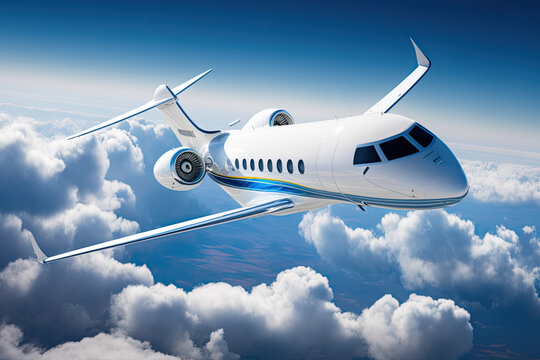 white luxury generic design private jet flying with white clouds at background.