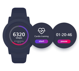 Smart watch with fitness app, activity tracker, timer, step counter, ui design
