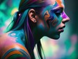 Woman with blue hair and tattoos on her chest, beautiful fantasy portrait, body painting. Generative AI
