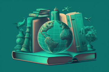 Wall Mural - conceptual art of some books on a turquoise green background from which various objects come out for