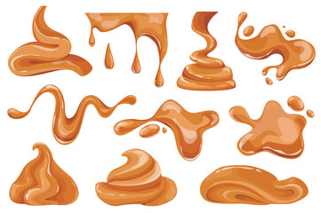 Aufkleber - Melted caramel set graphic elements in flat design. Bundle of caramel flowing and dripping, liquid toffee candies with splash and droplet, confectionery topping. Vector illustration isolated objects