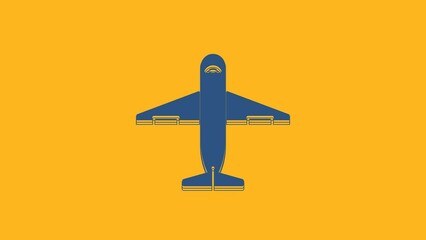 Sticker - Blue Plane icon isolated on orange background. Delivery, transportation. Cargo delivery by air. Airplane with parcels, boxes. 4K Video motion graphic animation