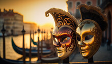 Two Venetian Carnival Masks On Background On Venice. Based On Generative AI
