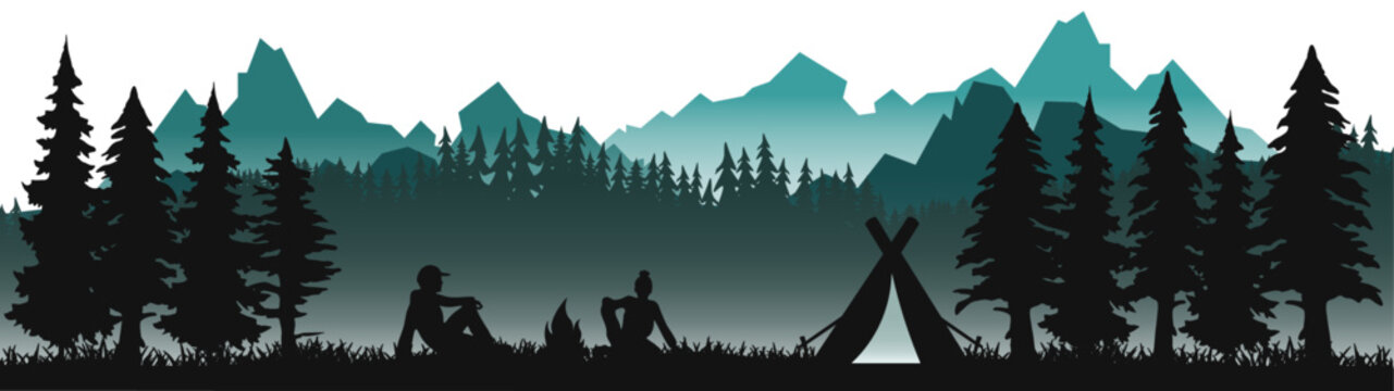 Fototapete - Camping camp landscape panorama illustration icon vector for logo - Silhouette of wildlife adventure forest fir trees misty fog mountains, tent, woman, man and campfire, isolated on white background