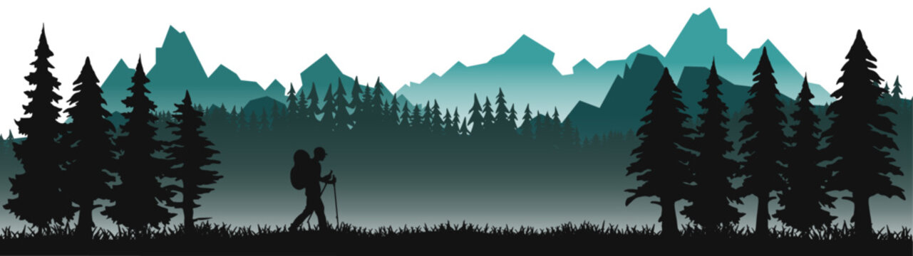 Fototapete - Silhouette of hiker mountains forest woods in the morning, landscape panorama illustration icon vector for logo, isolated on white background, hiking adventure wildlife