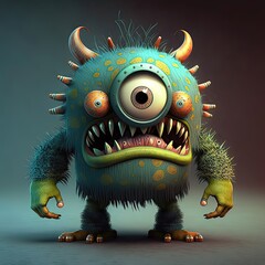 Wall Mural - A small creepy yellow-blue monster looks surprised, in a cartoon style on a blue background. Three eyes, fantasy creature, teeth, spikes, high resolution, art, generative artificial intelligence