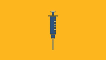 Sticker - Blue Syringe icon isolated on orange background. Syringe for vaccine, vaccination, injection, flu shot. Medical equipment. 4K Video motion graphic animation