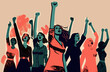 illustration of spirited female activists marching in solidarity on a demonstration for their rights. Women express dissatisfaction and defend their position with their hands raised in the air.