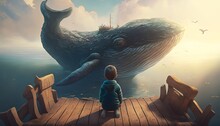 Little Boy Looking At The Whale In The Sea. Generative AI