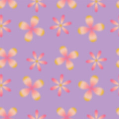 Trendy seamless pattern with y2k blurred gradient daisy flower on purple background. Groovy color background.