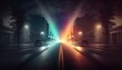 © QuietWord - urban modern city street with light burst, mystery night background wallpaper, Generative Ai