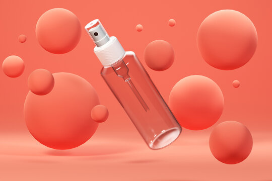 Transparente Kunststoff Flaschen für Kosmetik, auf orangen Hintergrund mit Kugeln. Behälter für Haarspray. 3D Rendering.
