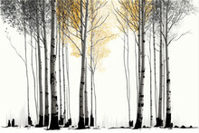 Birch Grove In The Fall, Tree Trunks, Yellow Leaves, Background. Generative AI Illustration.
