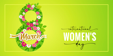 International Womens Day elegant lettering, green leaves and flowers in figure 8. Women's day poster with beautiful number eight on green background. Vector illustration