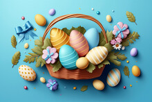 Easter Poster And Banner Template With Easter Eggs In The Nest On Light Blue Background - Generative Ai