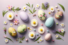 Easter's Decorated Eggs And Spring Flowers On Clear Light Background - Top View - Generative Ai