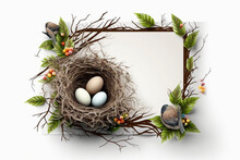 White Background With Nest Full Of Easter Eggs In The Corner - Copy Space - Generative Ai