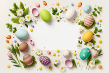 Easter's Decorated Eggs And Spring Flowers On Clear Light Background Wide Empty Center - Top View - Generative Ai
