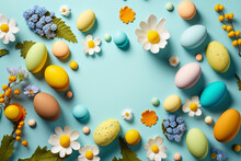 Many Decorated Easter Eggs Illustration As Background, Top View, Wide Angle - Copy Space - Generative Ai