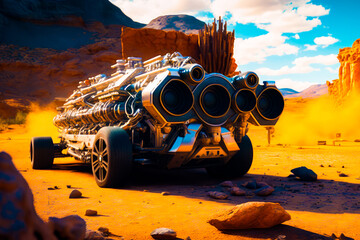 Futuristic vehicle driving through desert area. Fantasy. Generative AI.