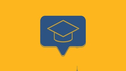 Sticker - Blue Graduation cap in speech bubble icon isolated on orange background. Graduation hat with tassel icon. 4K Video motion graphic animation