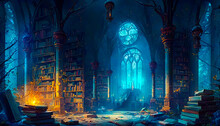 Painting Of Dark Room With Books On The Shelves. Fantasy. Generative AI.
