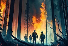 Firefighters Fighting The Fire In The Forest. Generative AI