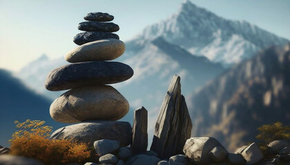 Wall Mural - Zen pebbles piled with mountain view. Tranquil, balanced, meditative arrangement. Weathered stones form natural art. Serene scenery complements peaceful ambiance.