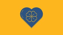 Blue Heart With Four Leaf Clover Icon Isolated On Orange Background. Happy Saint Patrick Day. 4K Video Motion Graphic Animation