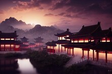 The Way To Heaven Kingdom With Light Glow Behind, Chinese Traditional Style Building. Generative AI