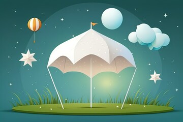 Poster - Umbrella cover Star, A white marquee or tent set up in a grassy field. Camping under the stars, fun games, and a lovely awning to unwind under. Generative AI