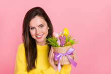 Photo Of Young Adorable Woman Hold Colorful Basket Green Grass Party Isolated Over Pink Color Background