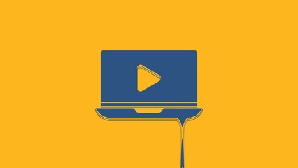 Poster - Blue Online play video icon isolated on orange background. Laptop and film strip with play sign. 4K Video motion graphic animation