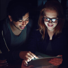 Poster - Teamwork, tablet and planning with people in office at night for research, web design and strategy. Creative, collaboration and technology with man and woman in startup for data, proposal and idea