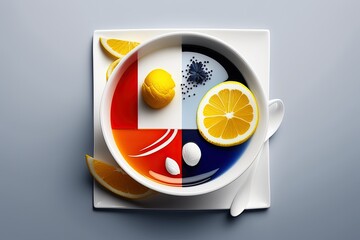 Poster - Herbal tea, lemon, and ginger in a white cup make for a cleverly designed layout. Perspective from on high. Generative AI