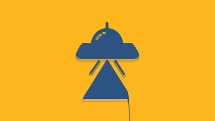 Poster - Blue UFO flying spaceship icon isolated on orange background. Flying saucer. Alien space ship. Futuristic unknown flying object. 4K Video motion graphic animation