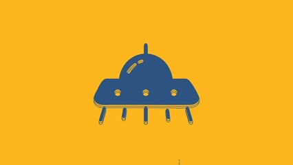 Poster - Blue UFO flying spaceship icon isolated on orange background. Flying saucer. Alien space ship. Futuristic unknown flying object. 4K Video motion graphic animation