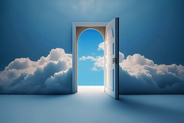 Poster - Heaven afterlife concept, blue door in the sky surrounded by white clouds as a background abstract image. Generative AI