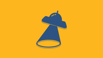 Poster - Blue UFO flying spaceship icon isolated on orange background. Flying saucer. Alien space ship. Futuristic unknown flying object. 4K Video motion graphic animation