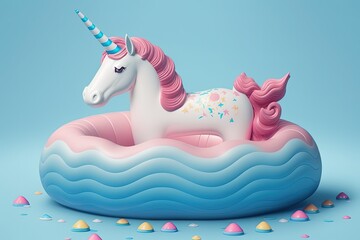 Canvas Print - A pink background and an inflatable unicorn pool float. The idea of summer with the barest minimum of accessories. Generative AI