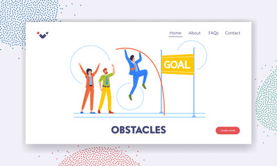 Wall Mural - Obstacles Landing Page Template. Business Man with Pole Jumping over Barrier Reaching the Goal in Career or Finance