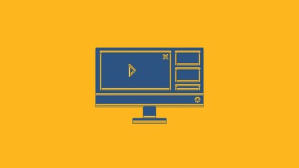 Poster - Blue Video recorder or editor software on computer monitor icon isolated on orange background. 4K Video motion graphic animation