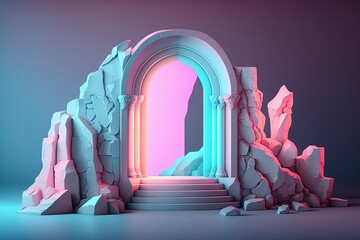 Poster - performance venue, product display case, abstract pink and blue neon backdrop with illuminating arch