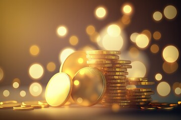 Wall Mural - Polish gold coins stacked over a luminous bokeh background, a symbol of commercial success and wealth. Generative AI