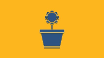 Poster - Blue Flower in pot icon isolated on orange background. Plant growing in a pot. Potted plant sign. 4K Video motion graphic animation